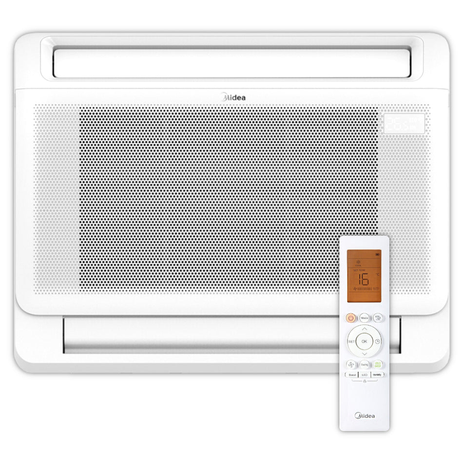 Weisses MIDEA Klimaanlagen Truhengeraet mit Fernbedienung in der Frontalansicht | klimaworld.com