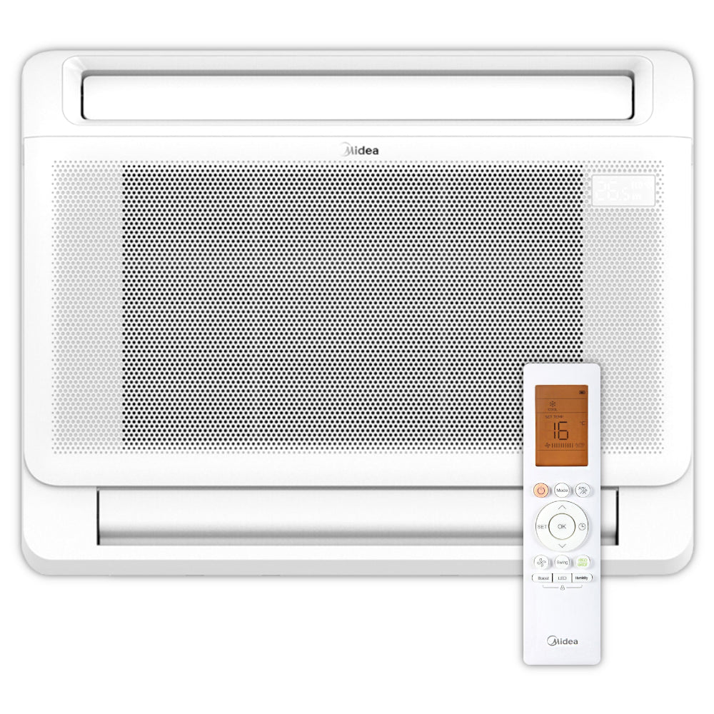 Weisses MIDEA Klimaanlagen Truhengeraet mit Fernbedienung in der Frontalansicht | klimaworld.com