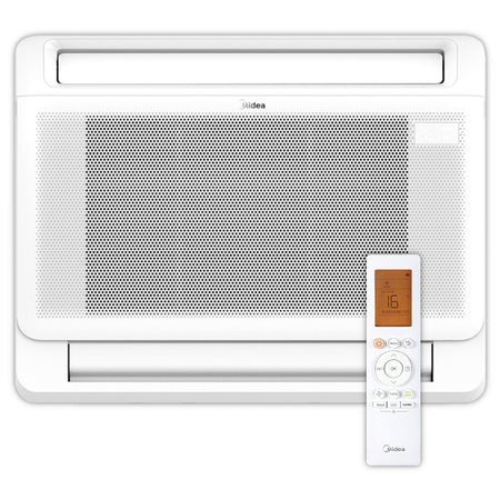 Weisses MIDEA Klimaanlagen Truhengeraet mit Fernbedienung in der Frontalansicht | klimaworld.com