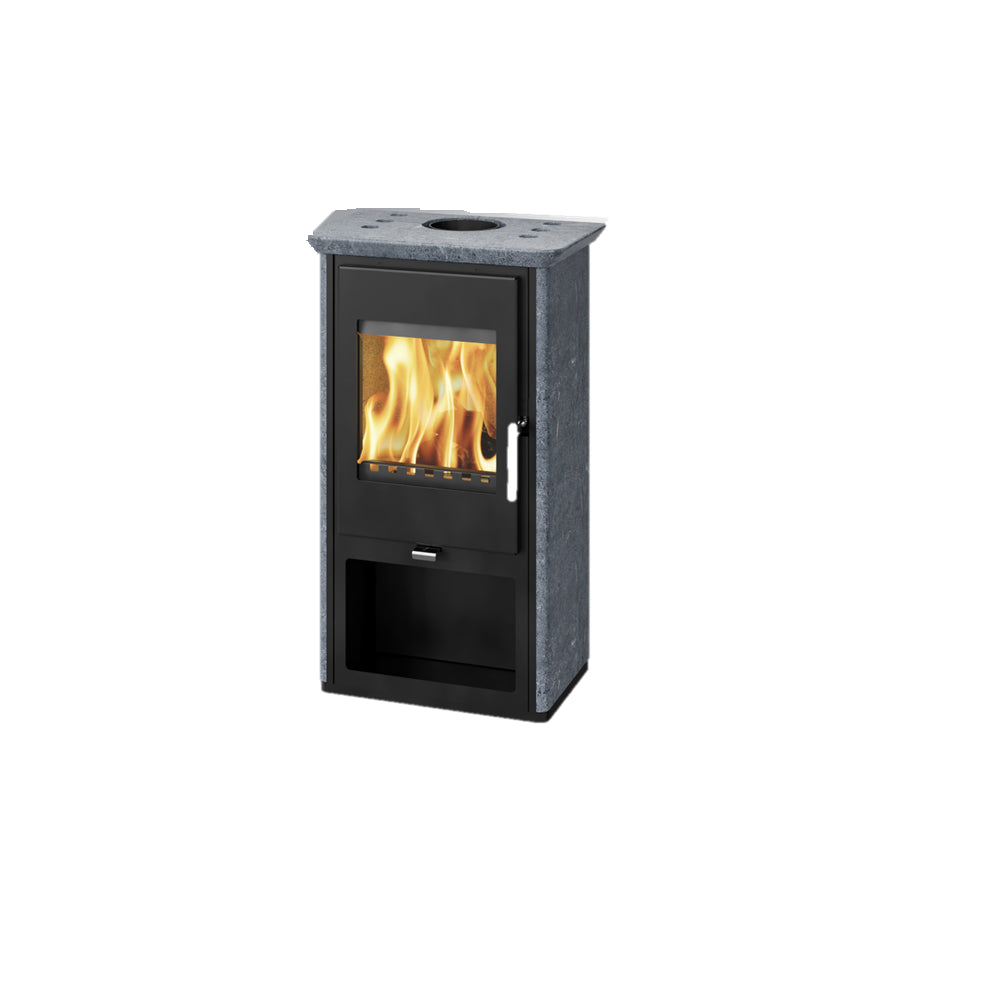 Thorma Kaminofen ODENSE 6 kW | Selbstschließende Tür | Grau mit Serpentinoptik | www.klimaworld.com