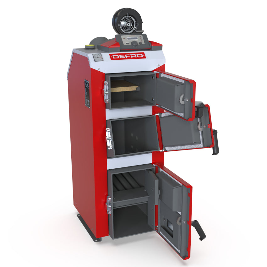 Defro Festbrennstoffkessel Optima Komfort 3,9 kW, Frontansicht mit offenen Türen | klimaworld.com