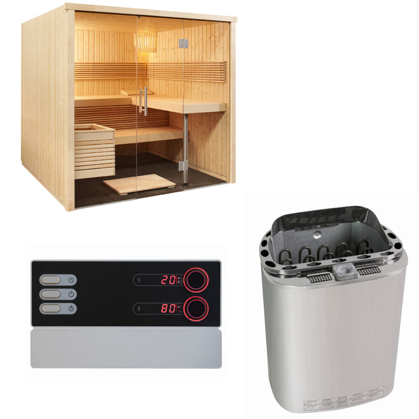 Sentiotec Sauna Set Panorama Large mit Saunaofen Scandia Next Combi und Steuerung Pro B3 | klimaworld.com