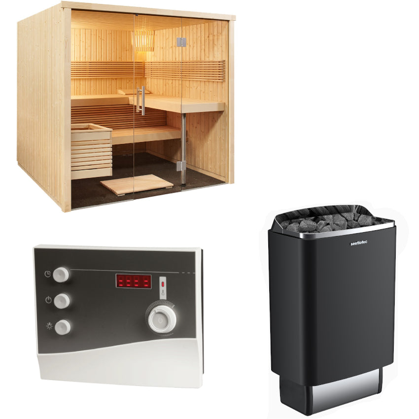 Sentiotec Sauna Set Panorama Large mit Saunaofen 100 E und Steuerung K2-Next | klimaworld.com