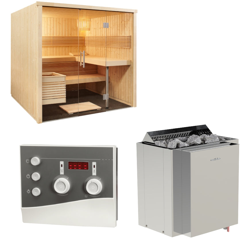Sentiotec Sauna Set Panorama Large mit Saunaofen Viking Combi und Steuerung K3-Next | klimaworld.com