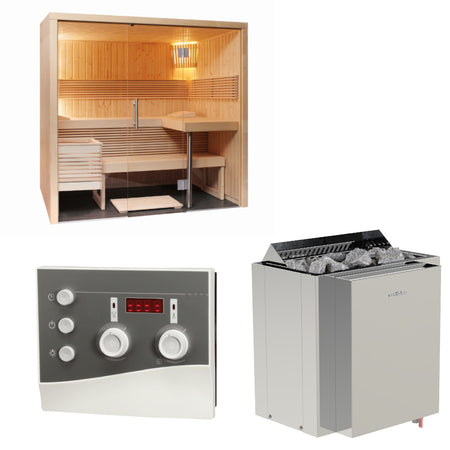 Sentiotec Sauna Set Panorama Small mit Saunaofen Viking Combi und Steuerung K3-Next | klimaworld.com