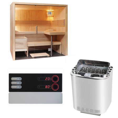 Sentiotec Sauna Set Panorama Small mit Saunaofen Nordex Combi Next und Saunasteuerung Pro B3 | klimaworld.com
