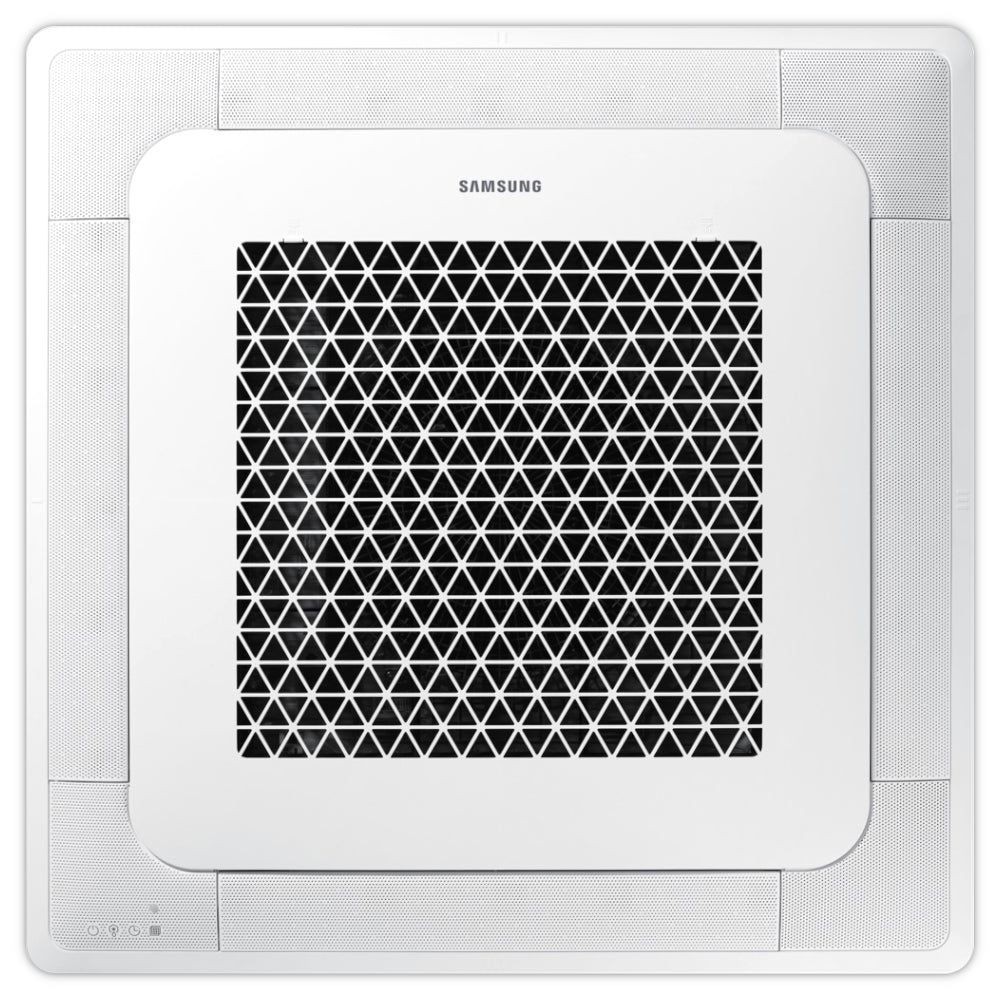 Samsung WindFree 4-Wege-Deckenkassette mit weisser Frontblende, mittigem Luftauslass im Dreiecks-Muster und schmalem Rahmen | Klimaworld.com