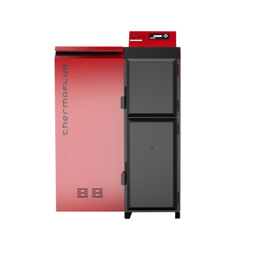 ThermoFlux Pelletkessel 25 ECO mit 25 kW und 230 kg Behälter, links | Klimaworld.com