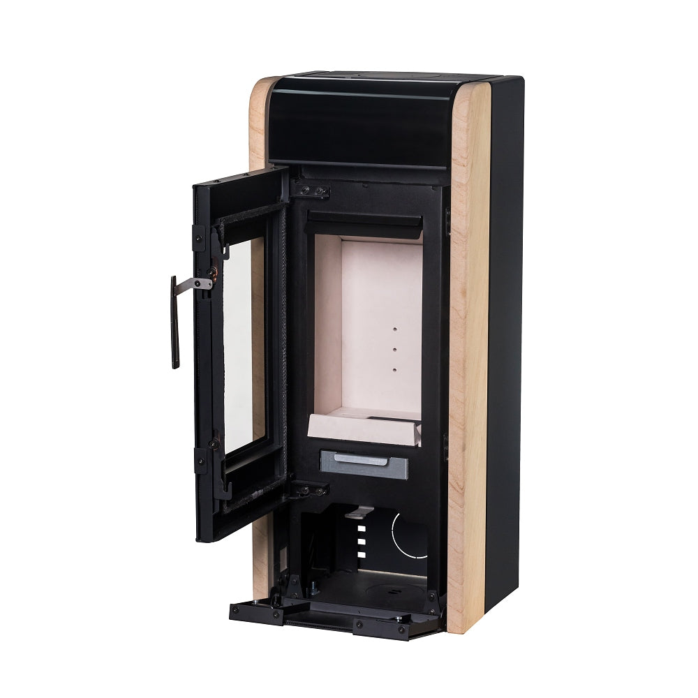 KRETZ | Kaminofen SAMANA 2 | Stahl schwarz / Sandstein | 5,8 kW - Holzablagefach + Tür offen