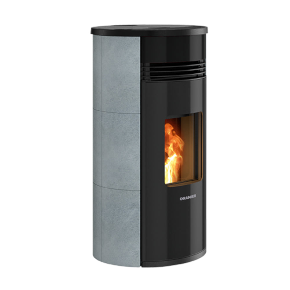 Moderner Pelletofen SANDO 60 von Oranier in der Seitenansicht, Modell in Speckstein | klimaworld.com