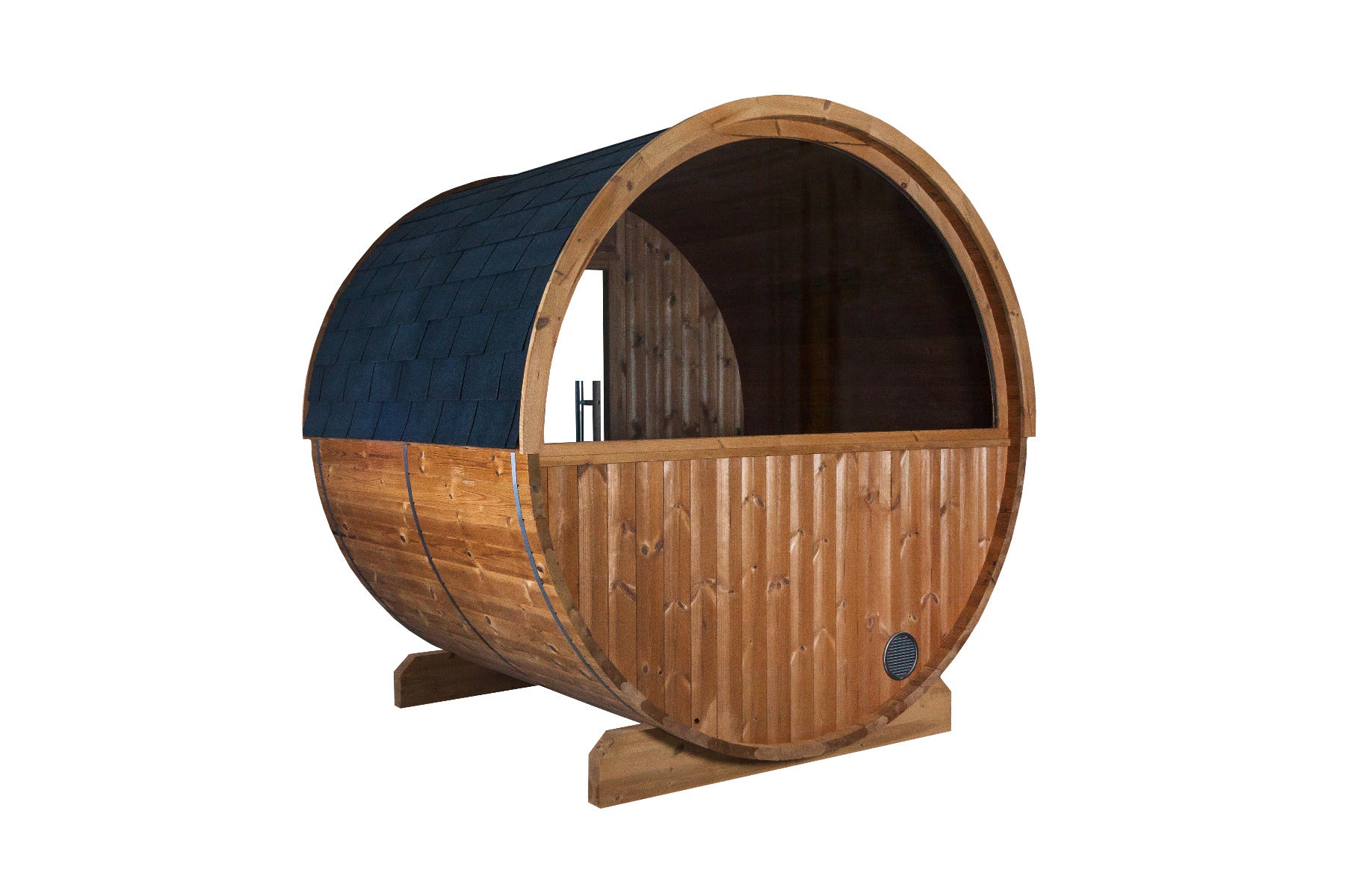 Sentiotec Sauna Set Fasssauna Kaski 180 Panorama mit Saunaofen Viking Combi und Steuerung K3-Next | klimaworld.com