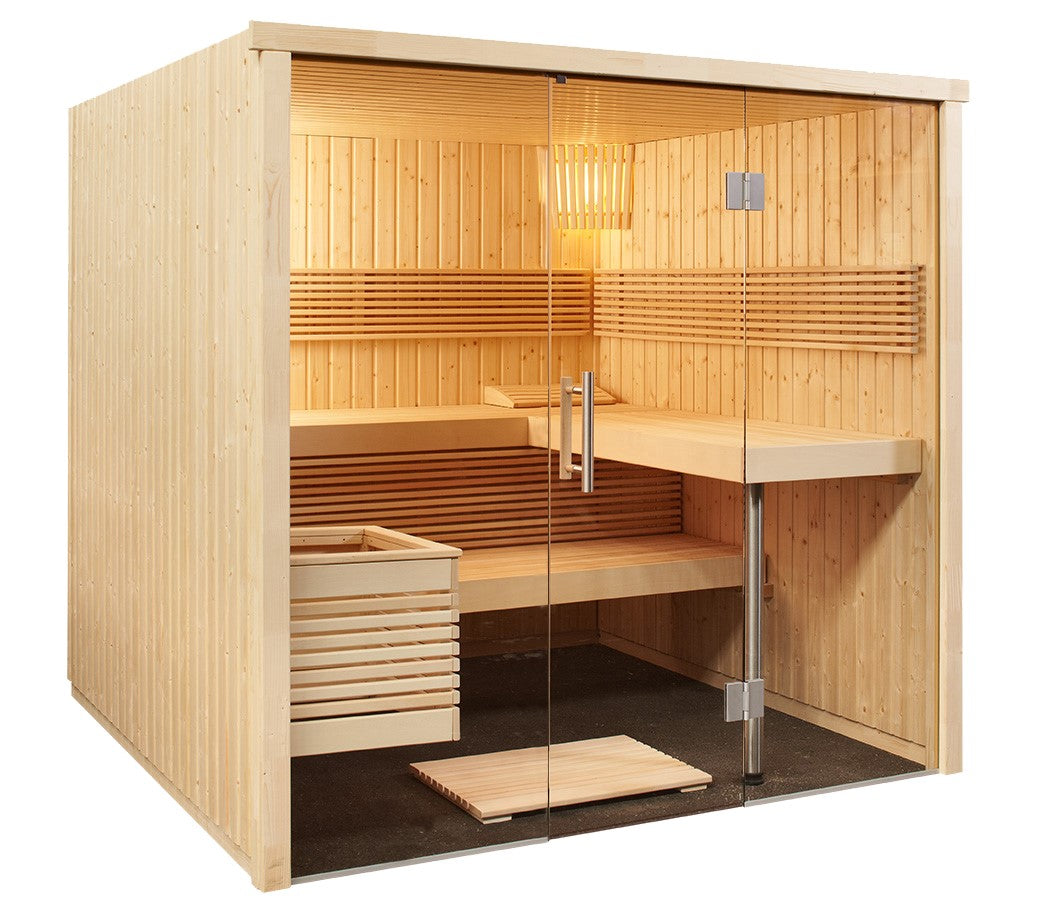 Sentiotec Sauna Set Panorama Large mit Saunaofen Viking Combi und Steuerung K3-Next | klimaworld.com
