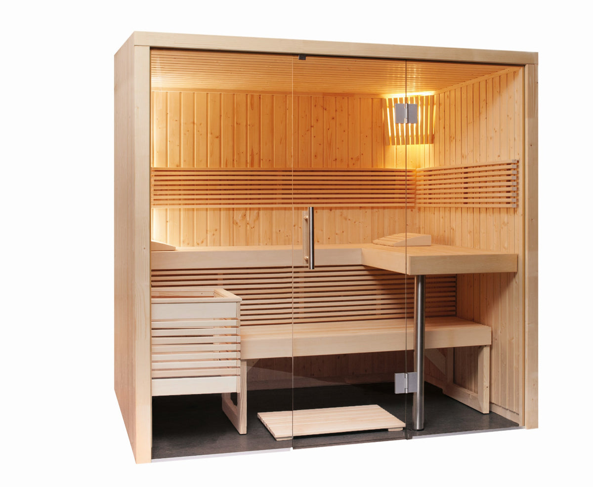 Sentiotec Sauna Set Panorama Small mit Saunaofen Nordex Combi Next und Saunasteuerung Pro B3 | klimaworld.com