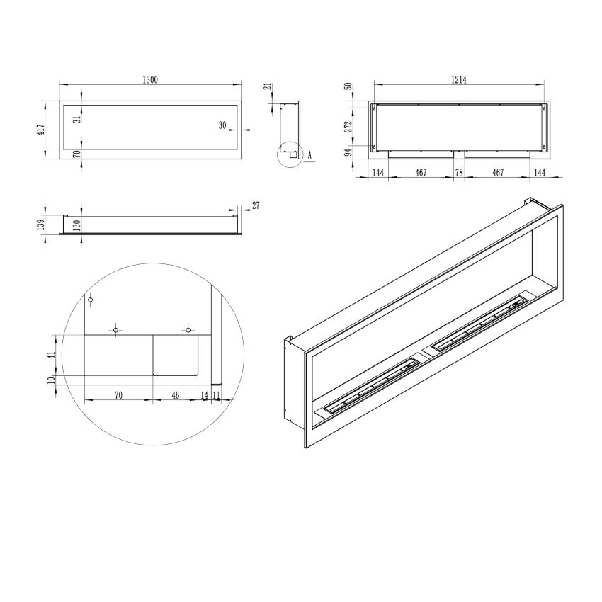 Aflamo Bio-Kamineinsatz Wandkamin | Stellar 130 Maße