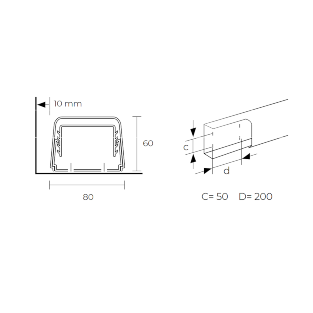 Canalsplit Installationskanal 2 m | Canalsplit 08 | reinweiß  | Technische Zeichnung | www.klimawordl.com