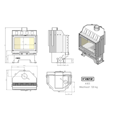 KRETZ | Kamineinsatz A 103 | gerade Scheibe | Stahl | 10 kW - technische Zeichnung