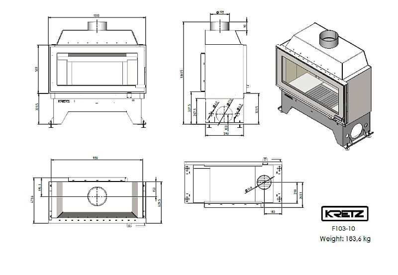 KRETZ | Kamineinsatz F 103-10 | Befeuerung vorn + hinten | 10 kW - technische Zeichnung