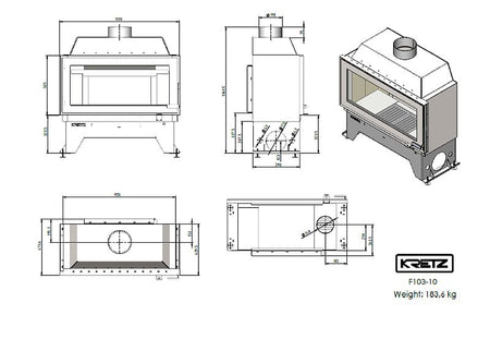 KRETZ | Kamineinsatz F 103-10 | Befeuerung vorn + hinten | 10 kW - technische Zeichnung
