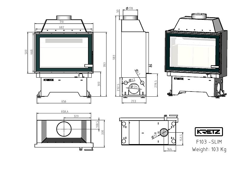 KRETZ | Kamineinsatz F 103 SLIM | gerade Scheibe | schmal | 10 kW - technische Zeichnung