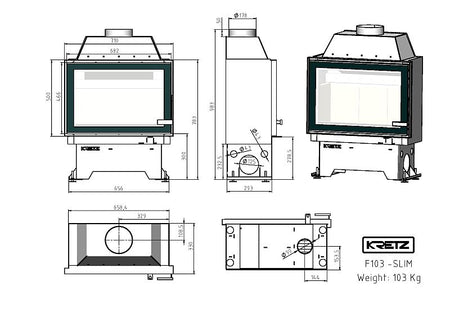KRETZ | Kamineinsatz F 103 SLIM | gerade Scheibe | schmal | 10 kW - technische Zeichnung