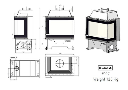 KRETZ | Kamineinsatz F107 | Eckkamin rechts | Stahl | 10 kW - Technische Zeichnung
