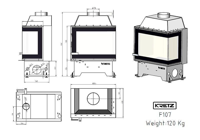 KRETZ | Kamineinsatz F107 | Eckkamin rechts | 10 kW - technische Zeichnung