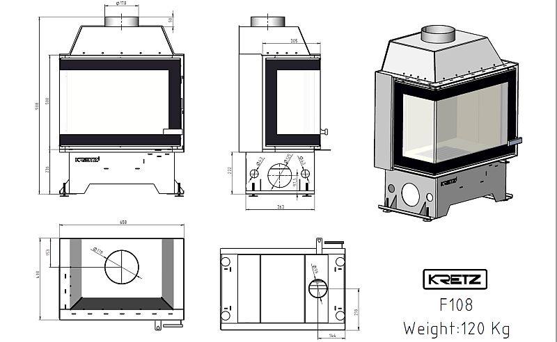 KRETZ | Kamineinsatz F108 | Eckkamin links | 10 kW - technische Zeichnung