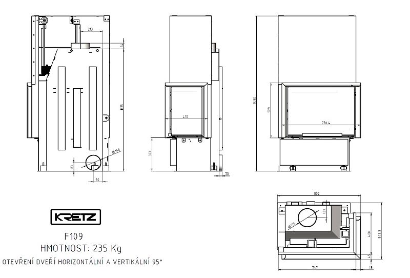 KRETZ | Kamineinsatz F 109 | Eckkamin rechts | Schiebetür | 10 kW - technische Zeichnung