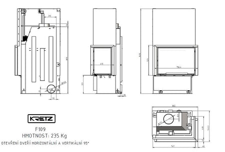 KRETZ | Kamineinsatz F 109 | Eckkamin rechts | Schiebetür | 10 kW - technische Zeichnung