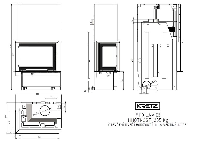 KRETZ | Kamineinsatz F 110 | Eckkamin links | Schiebetür | 10 kW - technische Zeichnung