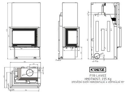 KRETZ | Kamineinsatz F 110 | Eckkamin links | Schiebetür | 10 kW - technische Zeichnung