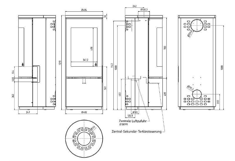 KRETZ | Kaminofen MEDANO | rund |  5,1 kW - technische Zeichnung
