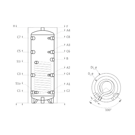Technische Zeichnung ohne Abmaße - ThermoFlux Pufferspeicher PBM-R 200 | mit einem Wärmetauscher