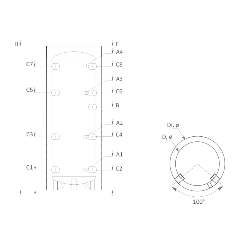 Technische Zeichnung ohne Abmaße - ThermoFlux Pufferspeicher PBM 150 | ohne WT | www.klimaworld.com