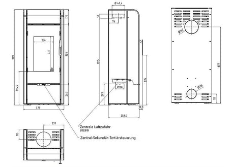 KRETZ | Kaminofen SAMANA 1 | Stahl schwarz | 5,8 kW - technische Zeichnung