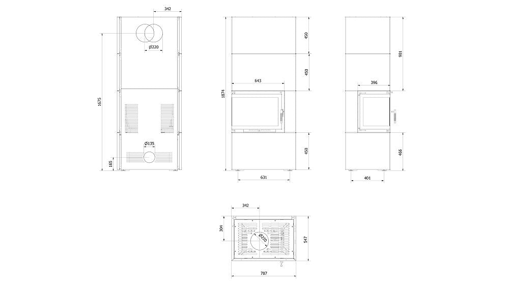 Technische Zeichnung - Kratki Kaminofen Simple Box 8 | Bauart 1 | 8 kW | links