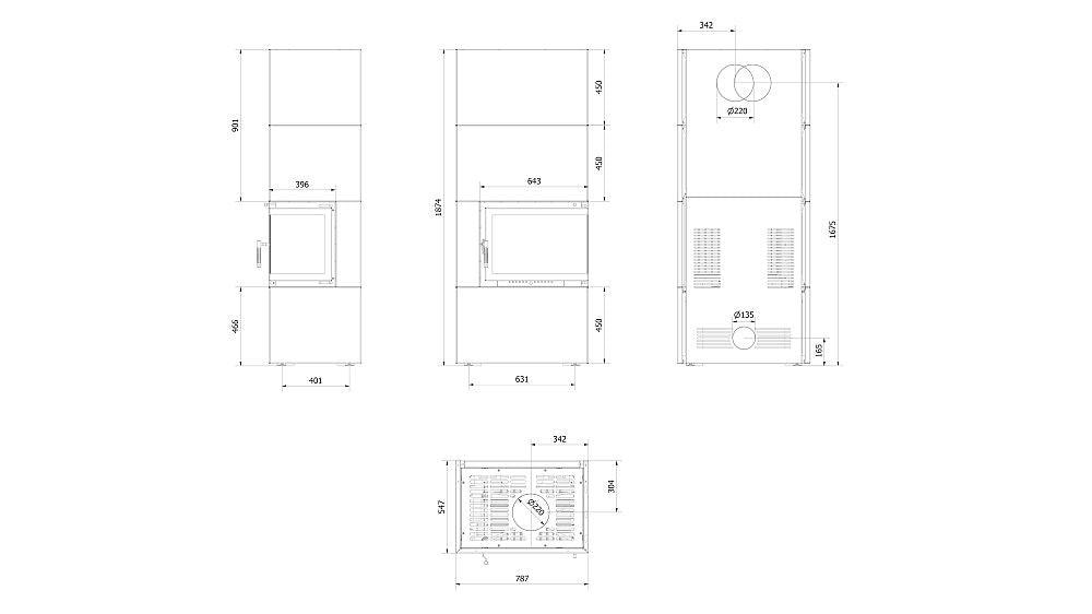 Technische Zeichnung - Kratki Kaminofen Simple Box 8 | 8 kW | rechts