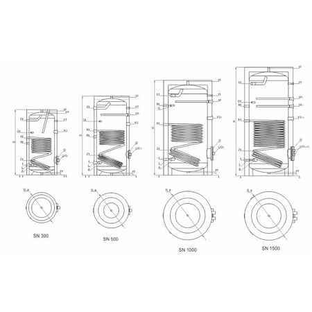 Technische Zeichnung ohne Abmaße - ThermoFlux Brauchwasserspeicher TBWS-R 1500 Trinkwasser | 1 WT