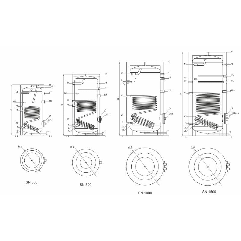 Technische Zeichnung ohne Abmaße - ThermoFlux Brauchwasserspeicher TBWS-R 200 Trinkwasser | 1 WT
