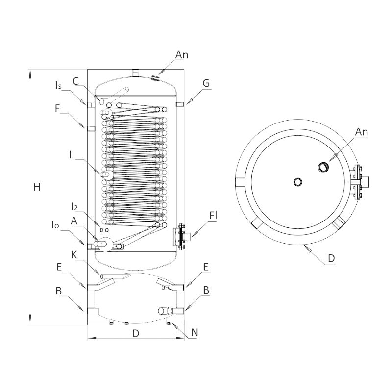 Technische Zeichnung ohne Maße - ThermoFlux Hybrid-Wärmepumpenspeicher WPHS | 250/60 L | www.klimaworld.com