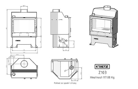 KRETZ | Kamineinsatz Z 103 | gerade Scheibe | Schamotte Box | 10 kW - technische Zeichnung
