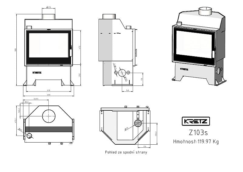KRETZ | Kamineinsatz Z 103 S | Schamotte-Box | Doppelglas | 10 kW - technische Zeichnung