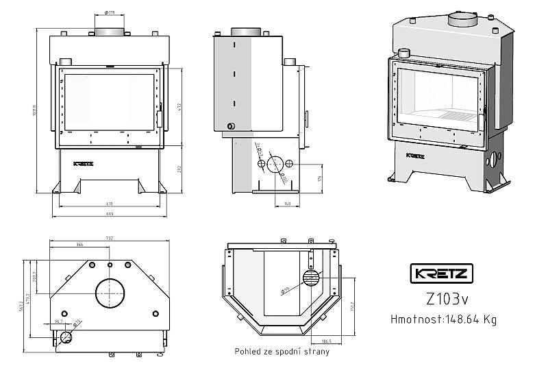 KRETZ | wassergeführter Kamineinsatz Z 103 V | Schamotte Box | 13,8 kW - technische Zeichnung