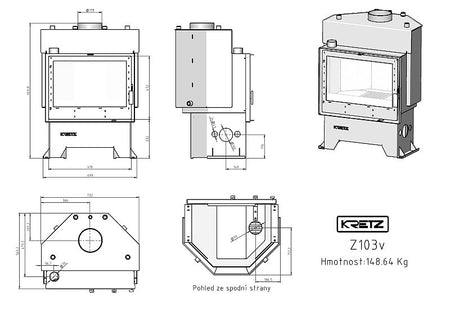 KRETZ | wassergeführter Kamineinsatz Z 103 V | Schamotte Box | 13,8 kW - technische Zeichnung