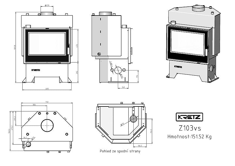 KRETZ | wassergeführter Kamineinsatz Z 103 VS | Doppelglas | 13,8 kW - technische Zeichnung