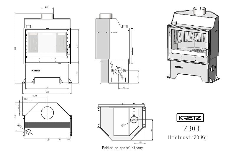 KRETZ | Kamineinsatz Z 303 | gerade Scheibe | Gusseisen Box | 10 kW - technische Zeichnung