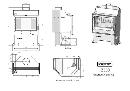 KRETZ | Kamineinsatz Z 303 | gerade Scheibe | Gusseisen Box | 10 kW - technische Zeichnung