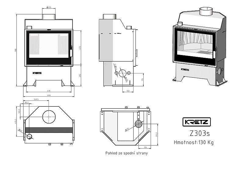 KRETZ | Kamineinsatz Z 303 S | Gusseisen-Box | Doppelglas | 10 kW - technische Zeichnung