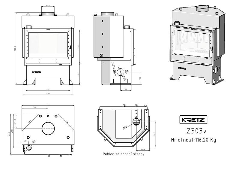 KRETZ | wassergeführter Kamineinsatz Z 303 V | Gusseisen Box | 13,8 kW - technische Zeichnung