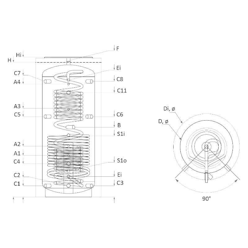 Technische Zeichnung ohne Abmaße - ThermoFlux Hygiene Kombispeicher HYGTKBR mit Wärmetauscher 800 Liter 90° Anschlüsse | Klimaworld.com